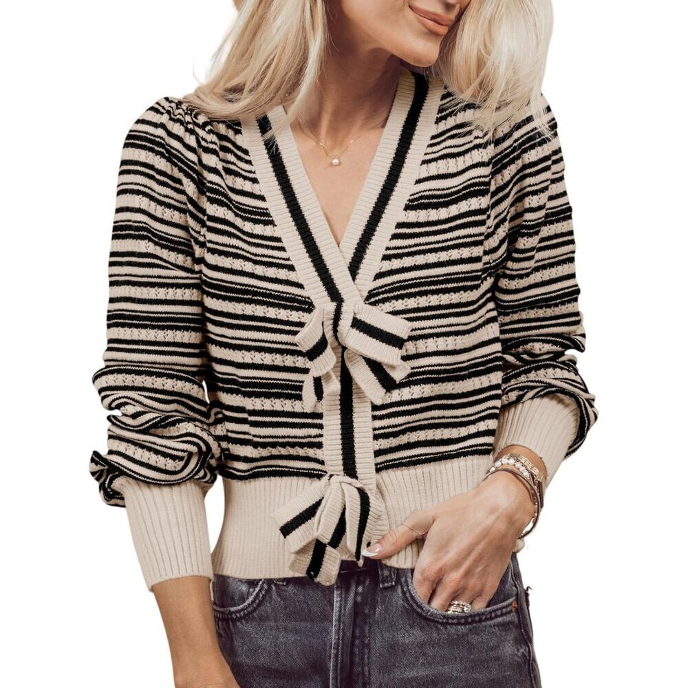 Womens Cropped Sweater Ribbed Knit V Neck Puff Sleeve Bow Tie Trendy Casual